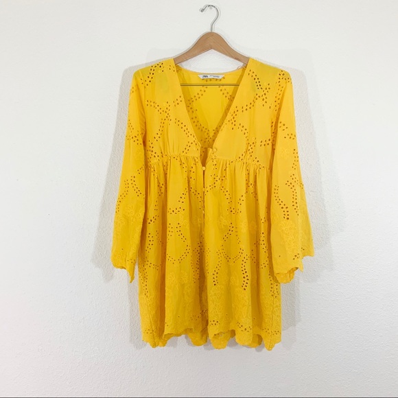 zara yellow embroidered dress